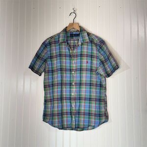 Ralph Lauren M Blue Plaid Red Pony Logo Short Sleeve Button-Down Shirt Preppy